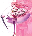  ahoge bare_shoulders bow dress hair_bow hair_ornament high_heels highres holding holding_weapon leg_up magical_girl open_mouth original pemu pink_eyes pink_hair scythe skirt solo standing standing_on_one_leg weapon 