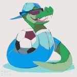  2018 backwards_baseball_cap ball baseball_cap blue_clothing clothed clothed_feral clothing cryptovolans deltarune digital_media_(artwork) digital_painting_(artwork) eyewear fangs feral full-length_portrait fully_clothed green_body hat holding_ball holding_object jockington_(deltarune) lighting male open_mouth open_smile pink_tongue portrait radical reptile scalie serpentine shadow simple_background smile snake snout soccer_ball solo sunglasses tongue video_games white_background 