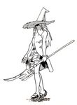  absurdres belt black_mage black_mage_(fft) final_fantasy final_fantasy_tactics full_body hat highres holding holding_weapon lance long_hair monochrome polearm robe shorts simple_background solo staff standing weapon white_background witch_hat 
