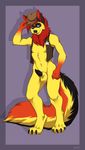  anthro balls canine clothed clothing fur half-erect hat invalid_tag looking_at_viewer male mammal navel open_shirt penis puddingpaw simple_background smile solo standing tapering_penis yellow_fur 