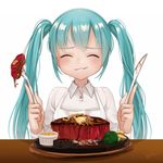  aqua_hair bad_id bad_pixiv_id blush broccoli closed_eyes closed_mouth collared_shirt eating food foodgasm fork gotoh510 happy hatsune_miku highres knife long_hair plate shirt signature simple_background solo steak table twintails vocaloid 