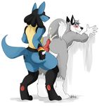  2016 against_wall animal_genitalia animal_penis anthro bent_over black_fur blue_eyes blue_fur blush butt canine canine_penis cum cum_on_butt cum_on_tail english_text fur grey_fur half-closed_eyes hot_dogging knot lucario male male/male mammal markings nelsonnoir nintendo nude pawpads penis pok&eacute;mon raised_tail signature simple_background smile text video_games white_background white_fur wolf yellow_fur 
