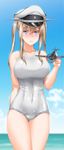  aircraft airplane alternate_costume bangs bf_109 blonde_hair blue_eyes blue_sky blurry blurry_background blush breasts byeontae_jagga cloud collarbone covered_navel cowboy_shot day eyebrows eyebrows_visible_through_hair graf_zeppelin_(kantai_collection) hair_between_eyes hat highres holding kantai_collection large_breasts long_hair looking_at_viewer ocean one-piece_swimsuit outdoors parted_lips peaked_cap pink_lips school_swimsuit sidelocks sky solo sweat swimsuit twintails white_school_swimsuit white_swimsuit 