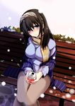  bench black_hair blue_eyes blush breasts can commentary_request hairband highres holding holding_can idolmaster idolmaster_cinderella_girls jewelry kiki_(koikuchikinako) large_breasts long_hair looking_at_viewer necklace sagisawa_fumika scarf shawl sitting_on_bench snowing solo 