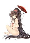 ass barefoot bba1985 bikini blush breasts brown_hair feet full_body highres kantai_collection long_hair looking_at_viewer md5_mismatch medium_breasts ponytail red_umbrella sideboob simple_background solo swimsuit umbrella very_long_hair white_background yamato_(kantai_collection) 