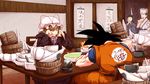  2girls black_hair blonde_hair bowl chair crossover darjeeling_(reley) dragon_ball eating faceless faceless_female faceless_male food hat highres mob_cap multiple_boys multiple_girls muscle open_mouth shrimp shrimp_tempura son_gokuu spiked_hair spoon table tempura touhou wristband yakumo_yukari 