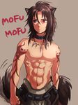  abs animal_ears brown_background brown_hair fire_emblem fire_emblem:_akatsuki_no_megami jewelry kumakosion long_hair male_focus necklace red_eyes shirtless simple_background solo tail tattoo volug wolf_ears wolf_tail 