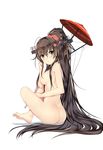  ass barefoot bba1985 blush breasts brown_hair full_body highres kantai_collection long_hair looking_at_viewer md5_mismatch medium_breasts nipples nude ponytail red_umbrella simple_background solo umbrella very_long_hair white_background yamato_(kantai_collection) 