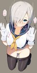  bad_id bad_twitter_id black_legwear blue_eyes breasts covered_nipples cum cum_in_mouth fellatio from_above gloves grey_background hair_ornament hair_over_one_eye hairclip hamakaze_(kantai_collection) heart hetero highres kantai_collection kneeling large_breasts looking_at_viewer oral pantyhose pantyhose_pull penis pubic_hair school_uniform serafuku shoes short_hair silver_hair simple_background solo_focus sukebewe transparent white_gloves 