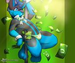  black_fur black_nose black_tail blue_eyes blue_fur blue_tail bow canine clothed clothing dancing diasuke77 fur green_background male mammal money multicolored_fur multicolored_tail navel nipples panties pole pole_dancing simple_background two_tone_fur underwear watermark wolf 