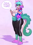  ! 2016 alligator amber_eyes anthro big_breasts breasts cleavage clothed clothing english_text eyewear fangdangler fangs female footwear glasses green_hair green_skin hair hat hi_res looking_at_viewer navel pants pink_hair purple_hair reptile scalie shirt shoes short_hair slightly_chubby smile solo standing teeth text thick_thighs 