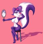  2016 anthro armpits breasts eyelashes eyeshadow featureless_breasts female fifi_la_fume fur hair hair_bow hair_ribbon hand_behind_back holding_object makeup mammal mirror multicolored_fur purple_hair ribbons simple_background sitting skunk smile solo teutonicsquid tiny_toon_adventures two_tone_fur warner_brothers 