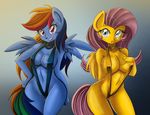  2016 anthro anthrofied breasts cleavage clothed clothing d-xross danmakuman duo equine female fluttershy_(mlp) friendship_is_magic hair looking_at_viewer mammal multicolored_hair my_little_pony one-piece_swimsuit pegasus pink_hair rainbow_dash_(mlp) rainbow_hair swimsuit wide_hips wings 