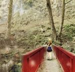  asymmetrical_legwear blonde_hair bridge dress forest hand_on_railing layered_dress light_particles looking_away mary_janes mizuhashi_parsee nature path road scarf shoes short_hair short_sleeves solo thighhighs touhou tsukiori_sasa white_legwear 