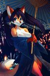  2016 alina_(chessi) anthro bare_shoulders blue_eyes blue_hair breasts canine clothing female fireworks fox fur hair iskra japanese_clothing kimono long_hair mammal multicolored_fur nipples orange_fur pigtails smile solo two_tone_fur umbrella white_fur 