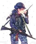  assault_rifle camouflage camouflage_pants daito female_service_cap gun hat howa_type_89 load_bearing_vest military military_uniform pants rifle sling solo uniform walkie-talkie weapon 