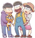  black_hair blush_stickers brothers cat esper_nyanko hat heart heart_in_mouth hood hoodie male_focus matsuno_ichimatsu matsuno_juushimatsu matsuno_todomatsu messy_hair multiple_boys necktie osomatsu-kun osomatsu-san overalls pants pink_neckwear pink_shorts plaid plaid_shirt porkpie_hat sandals sanjiro_(tenshin_anman) shirt shorts siblings simple_background single_vertical_stripe smile surgical_mask sweatdrop track_pants white_background 