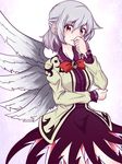  angel_wings benizuwai blush bow bowtie commentary_request covering_mouth dress feathered_wings grey_wings hand_on_own_face hand_over_own_mouth jacket jewelry kishin_sagume long_sleeves looking_at_viewer open_clothes open_jacket purple_dress red_eyes short_hair silver_hair simple_background single_wing solo touhou upper_body white_background wings 