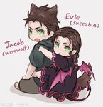  1girl :t artist_name assassin's_creed:_syndicate assassin's_creed_(series) braid brother_and_sister brown_hair child demon_girl evie_frye fang freckles green_eyes jacob_frye lowres shinzui_(fantasysky7) siblings succubus tail twins werewolf wings wolf_tail younger 