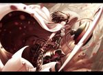  2015 brown_hair cape chain company_name copyright_name cowboy_shot dishwasher1910 fingerless_gloves gloves highres letterboxed petals rwby silver_eyes solo summer_rose thighhighs watermark weapon web_address white_cape 