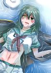  blood cape commentary_request eyepatch green_eyes green_hair hat heterochromia highres injury kantai_collection kiso_(kantai_collection) kurokawa_rikuu partially_submerged sailor_hat school_uniform serafuku short_hair sinking solo tears torn_clothes water yellow_eyes 