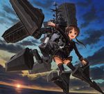  :d ace_combat ace_combat_04 bangs black_legwear blue_eyes brown_hair cloud commentary fens_geofon full_body highres kantai_collection long_sleeves looking_at_viewer making_of mecha_musume military military_uniform ocean open_mouth original outstretched_arms personification pleated_skirt short_hair skirt sky smile solo sunset tareme thighhighs tom-neko_(zamudo_akiyuki) two_side_up uniform weapon zettai_ryouiki 