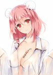  blush breasts bun_cover collarbone colorized double_bun head_tilt ibaraki_kasen large_breasts long_sleeves looking_at_viewer open_clothes open_shirt pink_hair red_eyes rinaka_moruchi shirt short_hair simple_background sketch solo sweatdrop text_focus touhou upper_body white_background 
