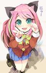  :d animal_ears bangs bare_legs blazer blue_eyes blush boots bow bowtie cat_ears cat_tail cowboy_shot foreshortening from_above green_hair hashimoto_nyaa jacket long_hair long_sleeves looking_at_viewer multicolored_hair nyan open_mouth osomatsu-san paw_pose pink_hair pleated_skirt rakkogawa_rinro school_uniform shadow skirt smile solo standing standing_on_one_leg streaked_hair sweatdrop swept_bangs tail tareme two-tone_hair v 