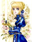  2016 ahoge artist_name artoria_pendragon_(all) bangs blonde_hair blue_ribbon braid braided_bun dated dress excalibur expressionless eyelashes fate/stay_night fate_(series) fingernails floral_background flower from_side green_eyes hair_bun hair_ribbon holding holding_sword holding_weapon juliet_sleeves lace lace-trimmed_sleeves lily_(flower) lips long_sleeves puffy_sleeves ribbon saber sakizou sidelocks solo sword traditional_media watercolor_(medium) weapon 