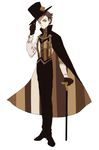  black_gloves brown_eyes brown_hair cane cape formal gloves hat hat_tip looking_at_viewer male_focus opera_cake personification pocketland solo striped top_hat yukishiro_(14124642) 