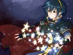  belt black_cape blue_eyes blue_hair brooch cape elbow_gloves fingerless_gloves fire_emblem fire_emblem:_monshou_no_nazo gem gloves hair_between_eyes hairband jewelry kumakosion male_focus marth purple_background red_cape ruby_(stone) shoulder_pads simple_background smile solo star upper_body 