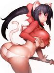  :3 animal_ears ass black_hair breasts butt_crack cat_ears cat_tail covered_nipples fang fumio_(rsqkr) huge_ass katana large_breasts leaning_forward light_smile long_hair looking_at_viewer noihara_himari omamori_himari panties pink_eyes ponytail simple_background slit_pupils solo sword tail thick_thighs thighs underboob underwear weapon white_background white_panties 