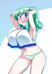  alternate_hairstyle armpits arms_behind_head blue_background blue_eyes blush breasts covered_nipples cowboy_shot crop_top crop_top_overhang frog_hair_ornament full-face_blush green_hair green_panties hair_ornament hips huge_breasts kochiya_sanae looking_at_viewer navel no_pants obyaa open_mouth outline panties ponytail shiny shiny_hair shiny_skin short_hair sleeveless snake_hair_ornament solo stomach thighs touhou two-tone_background underwear white_background 