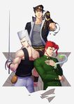  absurdres adjusting_clothes adjusting_hat black_hair blue_eyes broken chain daye_bie_qia_lian fingerless_gloves from_behind frown gakuran gloves hat hierophant_green highres jean_pierre_polnareff jojo_no_kimyou_na_bouken kakyouin_noriaki kuujou_joutarou looking_back male_focus multiple_boys muscle no_eyebrows rapier red_hair school_uniform silver_chariot silver_hair smile stand_(jojo) star_platinum sword tentacles torn_clothes torn_sleeves weapon wristband 