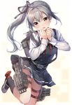  belt black_legwear blush brown_eyes chiyingzai d: dress grey_hair hair_ribbon highres kantai_collection kasumi_(kantai_collection) long_hair looking_at_viewer mary_janes open_mouth panties pantyshot pinafore_dress ponytail remodel_(kantai_collection) revision ribbon school_uniform shoes side_ponytail simple_background solo striped striped_panties thigh_strap underwear v-shaped_eyebrows white_background 