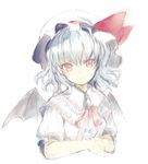  bat_wings catbell hat highres light_smile looking_at_viewer red_eyes remilia_scarlet silver_hair simple_background sketch solo touhou upper_body white_background white_hair wings 