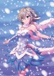  anastasia_(idolmaster) bare_shoulders blue_eyes bococho detached_sleeves dress hair_ornament idolmaster idolmaster_cinderella_girls jewelry necklace outstretched_arms short_hair silver_hair smile snow solo spread_arms wind 