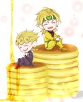 absurdres aruti blonde_hair chibi closed_eyes dio_brando earrings fangs father_and_son food giorno_giovanna headband highres jewelry jojo_no_kimyou_na_bouken laughing miniboy multiple_boys pancake pointy_shoes shoes sitting stack_of_pancakes syrup 
