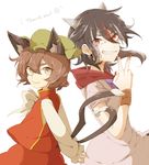  animal_ears arms_behind_back back-to-back black_hair blouse brown_eyes brown_hair cat_ears cat_tail chen chinese_clothes earrings english eyebrows fang grin hat horns interlocked_fingers jewelry kijin_seija long_sleeves looking_at_viewer mob_cap multicolored_hair multiple_girls multiple_tails namataro nekomata red_eyes red_hair smile smiley_face streaked_hair tail thick_eyebrows touhou two_tails v white_background wristband 