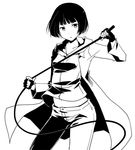  bangs black_gloves bob_cut character_request commentary_request copyright_request fingerless_gloves gloves greyscale long_coat monochrome navel pants short_hair simple_background solo standing theta_(ponkotsu_works) whip white_background 