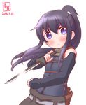  &gt;:( akatsuki_(kantai_collection) akatsuki_(log_horizon) akatsuki_(log_horizon)_(cosplay) alternate_costume alternate_hairstyle bare_shoulders belt blush cosplay dated detached_sleeves frown highres holding holding_sword holding_weapon kanon_(kurogane_knights) kantai_collection log_horizon long_hair look-alike namesake ponytail purple_eyes purple_hair short_sword simple_background solo sweatdrop sword v-shaped_eyebrows weapon white_background wind 