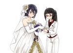  anchor_hair_ornament bare_shoulders black_hair blush bouquet bridal_gauntlets bridal_veil commentary_request dress eyepatch female_admiral_(kantai_collection) flower gem glasses hair_ornament jewelry kantai_collection kumin_(6939359) multiple_girls purple_flower purple_hair putting_on_jewelry red-framed_eyewear red_eyes ring sleeveless sleeveless_dress smile tenryuu_(kantai_collection) veil wedding_dress wedding_ring white_flower wife_and_wife yellow_eyes yellow_flower yuri 