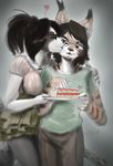  &lt;3 anthro bear cake chanrom clothed clothing duo eyewear fangs feline female food glasses kissing male mammal one_eye_closed open_mouth panda simple_background smile teeth tongue 