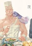  bandaged_arm bandages blue_eyes bread collarbone cup earrings eating food food_on_face fork jean_pierre_polnareff jewelry jojo_no_kimyou_na_bouken male_focus one_eye_closed plate rei_(sanbonzakura) sausage stand_(jojo) star_platinum striped table vegetable white_hair 