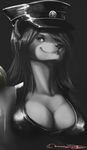  anthro bear breasts chanrom clothed clothing female hair hair_over_eye hat mammal monochrome nipple_bulge panda simple_background smile tight_clothing 