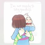 androgynous artist_name asriel_dreemurr blush brown_hair child claws commentary crying fangs frisk_(undertale) hug leefii monster_boy shirt snot spoilers striped striped_shirt tears undertale 