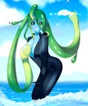  blush breasts cleavage clothed clothing cute female full-body_suit green_eyes liminal_(species) looking_at_viewer monster monster_girl monster_musume slime smile solo standing suu_(monster_musume) tentacle_hair tentacles water 