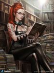  bad_artstation_id bad_id bare_shoulders book breasts cleavage commentary copyright_request crossed_legs dong-wook_shin earrings eyebrows forehead glasses green_eyes half_updo halterneck highres jewelry library lips long_hair looking_at_viewer medium_breasts neck_ring open_book pants pen realistic red_hair shiny shiny_clothes silk sitting solo spider_web tattoo underbust wrist_straps writing zipper 