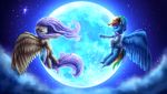  2015 9de-light6 blue_feathers blue_fur cloud duo equine eyes_closed feathered_wings feathers female feral flower fluttershy_(mlp) flying friendship_is_magic fur hair hi_res mammal moon multicolored_hair my_little_pony pegasus pink_hair plant rainbow_dash_(mlp) rainbow_hair sky spread_wings star wings yellow_feathers yellow_fur 