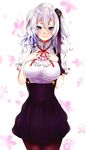  blue_eyes cosplay dagashi_kashi dress flower hair_flower hair_ornament highres kantai_collection kashima_(kantai_collection) magai_akashi pantyhose shidare_hotaru silver_hair solo twintails 